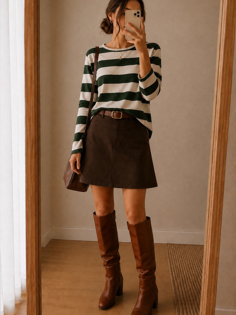 Striped Green and White Long-Sleeve Women's Top